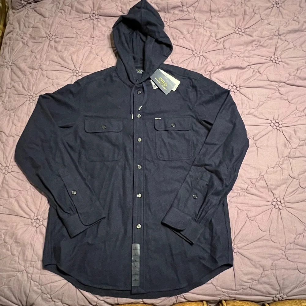 NWT Polo Ralph Lauren Hooded Button Down Shirt Navy Blue Cotton Men's Medium